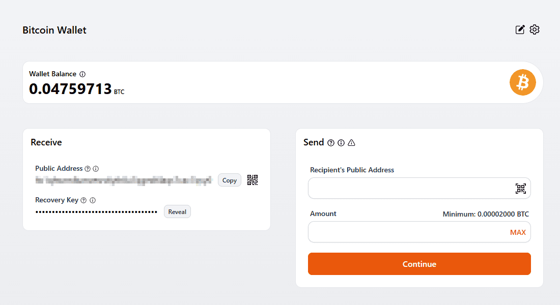 Bitcoin wallet dashboard with balance in BTC, public address for receiving cryptocurrencies, and a transaction submission form. A platform for creating, managing, and securely storing cryptocurrency wallets.