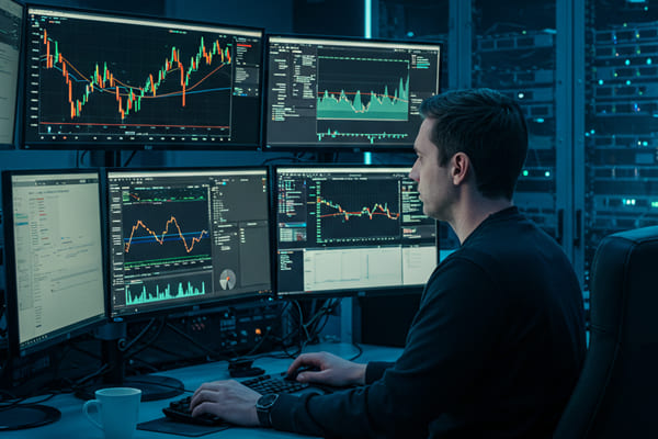 Cybersecurity analyst monitoring potential threats in real-time in a data center