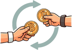 Bitcoin Exchange: Hands exchanging Bitcoin coins in a cycle, symbolizing the transfer and trading of cryptocurrencies